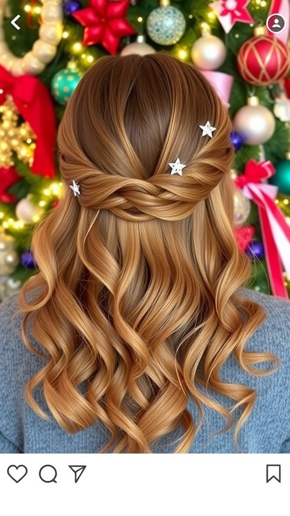 Easy Half-Up Christmas Hairstyles A beautiful half-up hairstyle with waves and festive hair accessories, perfect for Christmas celebrations.